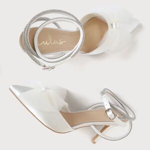 White Satin Rhinestone Bow Ankle Strap Pumps